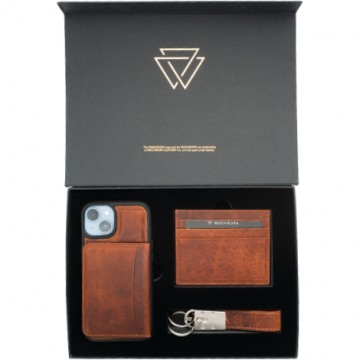 Wachikopa Wachikopa Premium Box Set *iPhone 14 Pro Case with Kickstand Card Holder + Leather Keyring + Leather Wallet - Brown