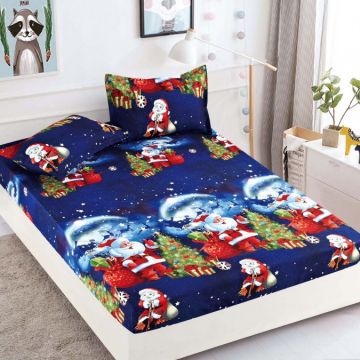Cearsaf cu elastic Bumbac FINET 160/180x200cm 2 fete de perne 50x70cm Jojo Home X-Mass Collection Albastru Mos Craciun