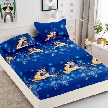 Cearsaf cu elastic Bumbac FINET 160/180x200cm 2 fete de perne 50x70cm Jojo Home X-Mass Collection Albastru reni