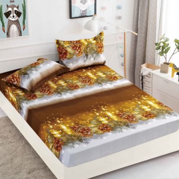 Cearsaf cu elastic Bumbac FINET 160/180x200cm 2 fete de perne 50x70cm Jojo Home X-Mass Collection Auriu lumanari si conuri