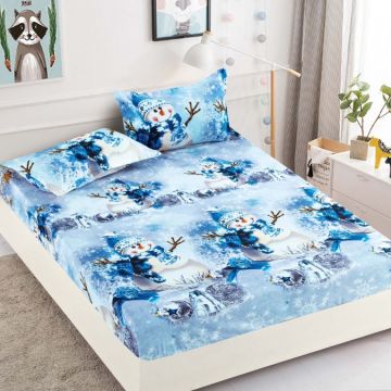 Cearsaf cu elastic Bumbac FINET 160/180x200cm 2 fete de perne 50x70cm Jojo Home X-Mass Collection Bleu oameni de zapada