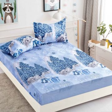 Cearsaf cu elastic Bumbac FINET 160/180x200cm 2 fete de perne 50x70cm Jojo Home X-Mass Collection Bleu peisaj de iarna