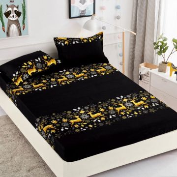 Cearsaf cu elastic Bumbac FINET 160/180x200cm 2 fete de perne 50x70cm Jojo Home X-Mass Collection Negru reni
