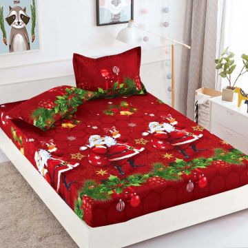 Cearsaf cu elastic Bumbac FINET 160/180x200cm 2 fete de perne 50x70cm Jojo Home X-Mass Collection Rosu Mos Craciun