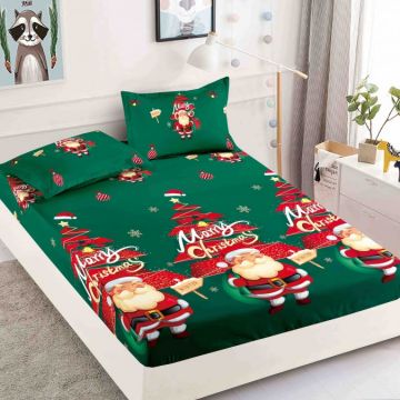Cearsaf cu elastic Bumbac FINET 160/180x200cm 2 fete de perne 50x70cm Jojo Home X-Mass Collection Verde Mos Craciun brazi