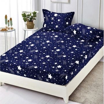 Cearsaf cu elastic COCOLINO 180x200x25cm 2 fete de perne Albastru stelute