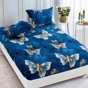 Cearsaf cu elastic COCOLINO 180x200x25cm 2 fete de perne Jojo Home Albastru fluturi