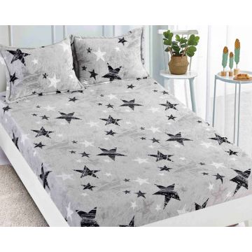 Cearsaf cu elastic COCOLINO 180x200x25cm 2 fete de perne Jojo Home Gri-Negru stelute