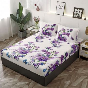 Cearsaf cu elastic COCOLINO 180x200x25cm 2 fete de perne Mov flori