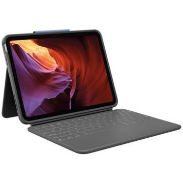 Husa cu tastatura Logitech Rugged Folio cu Smart Connector pentru iPad 10, UK, Gri