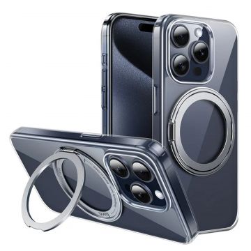 Husa de protectie din policarbonat Hoco Stand Magnetic Case, pentru iPhone 15 - Argintiu
