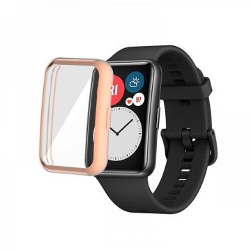 Husa de protectie tip rama cu ecran din silicon electroplacat pentru Huawei Watch Fit, rose-gold