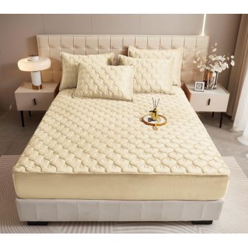 Husã matlasatã tip topper din catifea 140x200cm + 2 fete de perna 50x70cm crem
