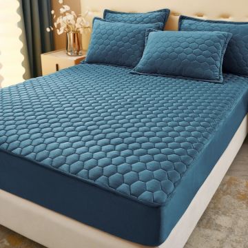 Husã matlasatã tip topper din catifea 160x200cm + 2 fete de perna 50x70cm albastru petrol