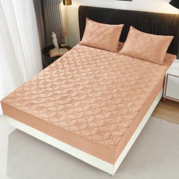 Husã matlasatã tip topper din catifea 180x200cm + 2 fete de perna 50x70cm Camel