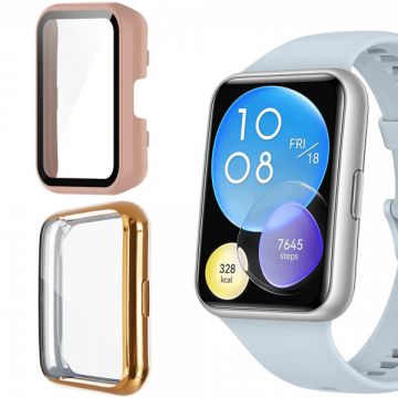 Set 2 huse de protectie ecran pentru Huawei Watch Fit 2, tip rama din sticla securizata, tip rama din silicon moale elecroplacat, roz, rose-gold