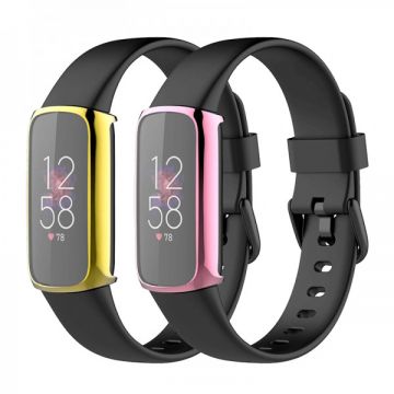 Set 2 huse de protectie tip rama cu ecran din silicon electroplacat pentru Fitbit Luxe, auriu, roz