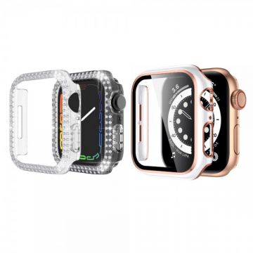 Set 2 huse pentru Apple Watch 4, Apple Watch 5, Apple Watch 6, Apple Watch SE, de 40mm, tip rama din sticla securizata, tip bumper, model cu strasuri, roz-alb, transparent