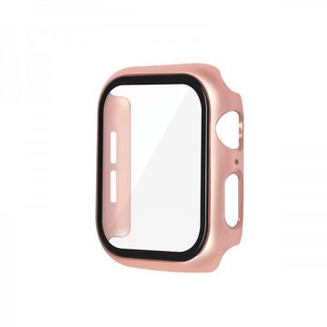 Set 2 in 1 carcasa tip rama ecran si folie de sticla, pentru Apple Watch 4 / 5 / 6 series, 40mm, rose gold