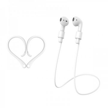 Set 2 in 1 suport si snur din silicon cu magnet pentru Airpods 1 / 2 / 3 / Pro, alb