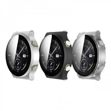Set 3 huse 2 in 1 pentru smartwatch Huawei GT2 Pro, protectie tip rama si ecran de sticla, negru, argintiu, incolor