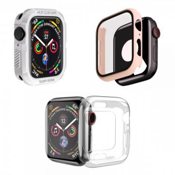 Set 3 huse pentru Apple Watch de 40mm, tip rama din sticla securizata, tip rama din silicon moale elecroplacat, tip bumper din silicon, roz, alb, transparent