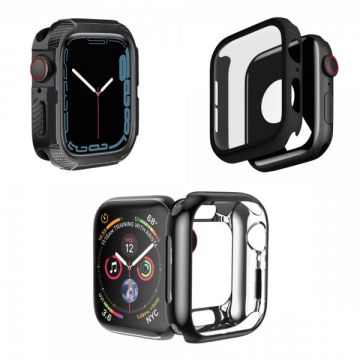 Set 3 huse pentru Apple Watch de 44mm, tip rama din sticla securizata, tip rama din silicon moale elecroplacat, tip bumper din silicon, negru