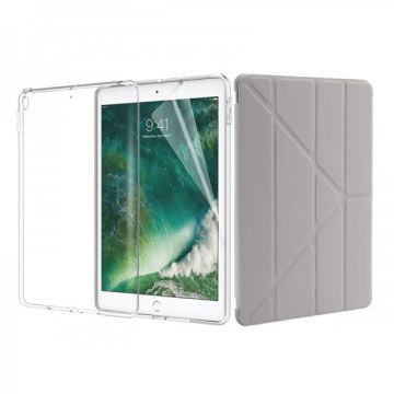 Set 3 in 1 husa carte, husa silicon si folie protectie ecran pentru iPad Pro 10.5 / Air 3 A1701 / A1709 / A2152 / A2123 / A2153 / A2154, gri