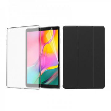 Set 3 in 1 husa carte, husa silicon si folie protectie ecran pentru Samsung Galaxy Tab A 10.1 inch 2019 T510/T515, negru