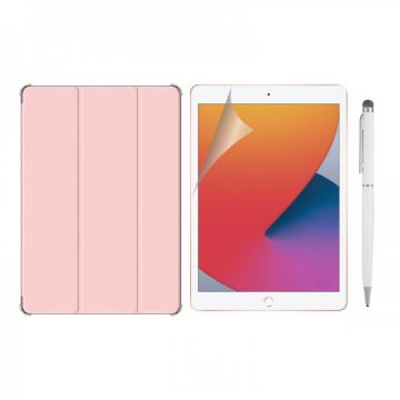 Set 3 in 1 pentru iPad 8, 10.2 inch 2020 / iPad 7, 10.2 inch cu husa carte, folie protectie ecran si stylus, A2428 / A2429 / A2430 / A2270 / A2200 / A2198 / A2197 , roz