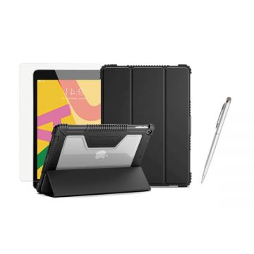 Set 3 in 1 pentru iPad Air 4 10.9/ iPad Pro 11 2021 - 2018, cu husa carte antisoc, folie protectie ecran si stylus, A2301/ A2459 / A2460 / A2068 / A2230 / A2228 / A2231 / A2013 / A1934 / A1980 / A1979, negru