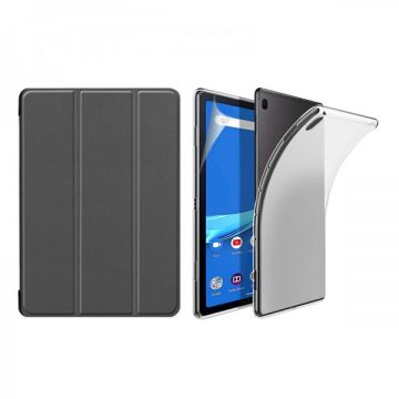 Set 3 in 1 pentru Lenovo Tab M10 Plus TB-X606X, 10.3 inch cu husa carte, husa silicon si folie protectie ecran, negru