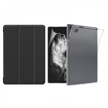Set 3 in 1 pentru Samsung Galaxy Tab A7 T500/T505, 10.4 inch cu husa carte, husa silicon si folie protectie ecran, negru