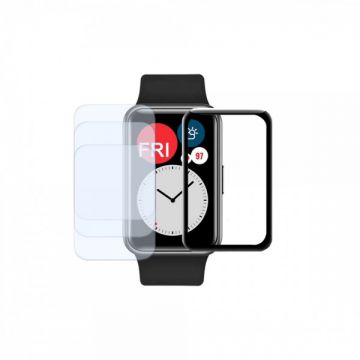 Set 4 folii de protectie ecran pentru Huawei Watch Fit 2, 3 folii transparente din hidrogel + 1 folie pentru ecran fullsize 3D din fibra de sticla si hidrogel, negru