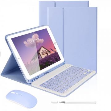 Set 4 in 1 pentru iPad 10.9 inch si 11 inch, iPad Air 5/ 4, iPad Pro 2022/ 2021/ 2020/ 2018 cu husa carte, tastatura bluetooth, mouse wireless si creion stylus pen capacitiv, mov, A2316/ A2324/ A2325/ A2072/ A2759/ A2435/ A2761/ A2762/ A2228/ A2230/ A206