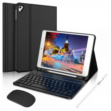Set 4 in 1 pentru iPad 9.7 inch 2018/2017, iPad Air 2/ 1 cu husa carte, tastatura bluetooth, mouse wireless si creion stylus pen capacitiv, negru, A1893/ A1954/ A1822/ A1823/ A1673/ A1674/ A1675/ A1673/ A1674/ A1675/ A1474/ A1475/ A1476
