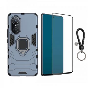 Set husa telefon si folie pentru Huawei nova 9 SE 4G, carcasa hybrid antisoc cu stand inel, folie de sticla ceramica fullsize si breloc cadou, dark blue, negru