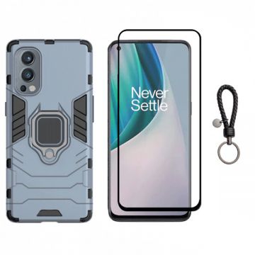 Set husa telefon si folie pentru OnePlus Nord 2 5G, carcasa hybrid antisoc cu stand inel, folie de sticla ceramica fullsize si breloc cadou, dark blue, negru