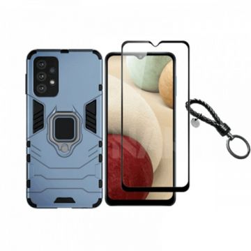 Set husa telefon si folie pentru Samsung Galaxy A23 5G, carcasa hybrid antisoc cu stand inel, folie de sticla ceramica fullsize si breloc cadou, dark blue, negru