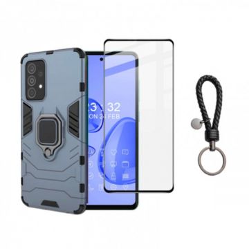 Set husa telefon si folie pentru Samsung Galaxy A53 5G, carcasa hybrid antisoc cu stand inel, folie de sticla ceramica fullsize si breloc cadou, dark blue, negru