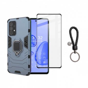 Set husa telefon si folie pentru Samsung Galaxy A53 5G, carcasa hybrid antisoc cu stand inel, folie de sticla ceramica fullsize si breloc cadou, dark blue, negru