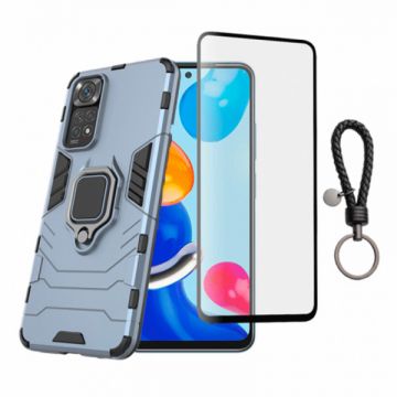 Set husa telefon si folie pentru Xiaomi Redmi Note 11 Pro 5G, carcasa hybrid antisoc cu stand inel, folie de sticla ceramica fullsize si breloc cadou, dark blue, negru