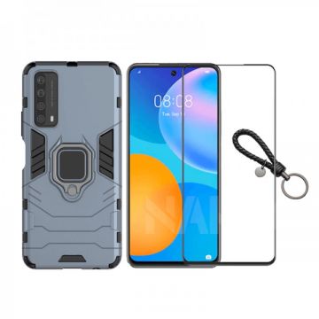 Set protectie 2 in 1 pentru Huawei P smart 2021 cu husa hybrid antisoc cu stand inel si folie sticla ceramica fullsize si breloc cadou, dark blue