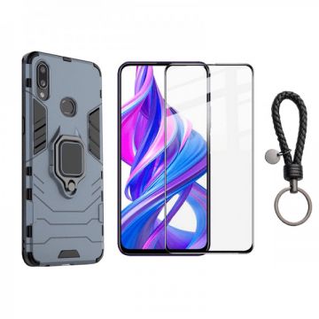 Set protectie 2 in 1 pentru Huawei P Smart Z cu husa hybrid antisoc cu stand inel si folie sticla ceramica fullsize si breloc cadou, dark blue