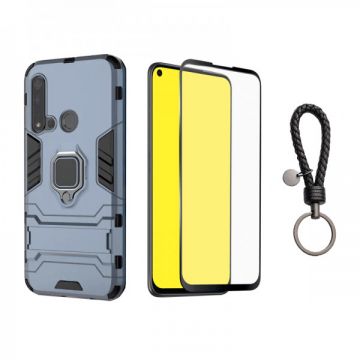 Set protectie 2 in 1 pentru Huawei P20 Lite 2019 cu husa hybrid antisoc cu stand inel si folie sticla ceramica fullsize si breloc cadou, dark blue