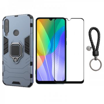 Set protectie 2 in 1 pentru Huawei Y6P cu husa hybrid antisoc cu stand inel si folie sticla ceramica fullsize si breloc cadou, dark blue