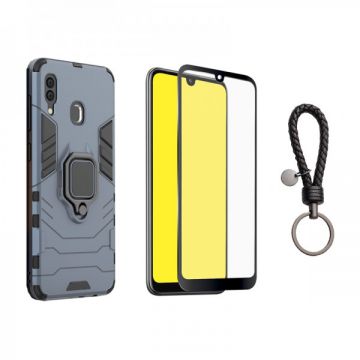 Set protectie 2 in 1 pentru Huawei Y7 / Y7 Pro 2019 cu husa hybrid antisoc cu stand inel si folie sticla ceramica fullsize si breloc cadou, dark blue