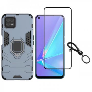 Set protectie 2 in 1 pentru Oppo A72 5G cu husa hybrid antisoc cu stand inel si folie sticla ceramica fullsize si breloc cadou, dark blue