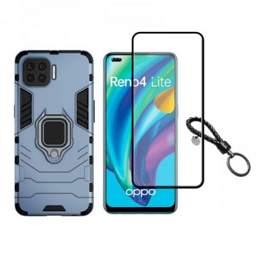 Set protectie 2 in 1 pentru Oppo F17 Pro / Reno 4 Lite cu husa hybrid antisoc cu stand inel si folie sticla ceramica fullsize si breloc cadou, dark blue