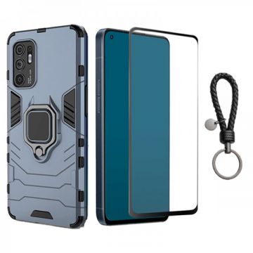 Set protectie 2 in 1 pentru Oppo Reno 6 cu husa hybrid antisoc cu stand inel si folie sticla ceramica fullsize si breloc cadou, dark blue